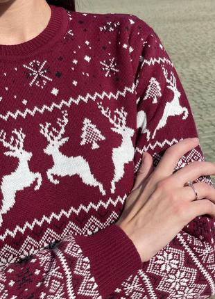 Женский свитер с оленями, бордо без горла one size4 фото