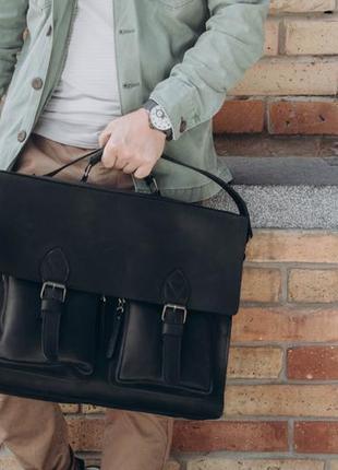 Черный портфель из кожи для ноутбука, деловая кожаная сумка мужская для документов