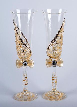 Свадебные бокалы в золотых тонах с росписью ( арт. wg-016)1 фото