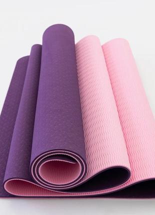 Килимок для йоги та фітнесу tpe (йога мат, каремат спортивний) yoga eco pro 6 мм, фіолетовий + розовий3 фото