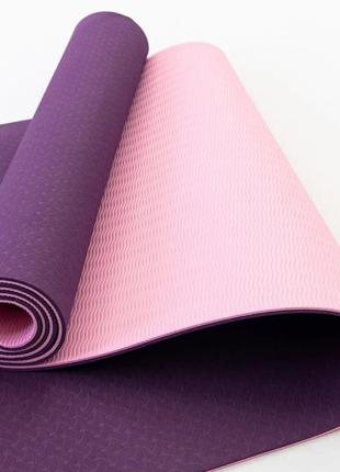 Килимок для йоги та фітнесу tpe (йога мат, каремат спортивний) yoga eco pro 6 мм, фіолетовий + розовий2 фото
