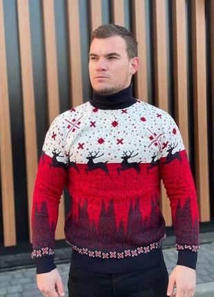 Мужской свитер с оленями бело-красный с горлом xl