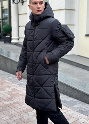 Куртка-пальто мужская зимняя длинная с капюшоном. зимняя куртка мужская парка теплая черная. живое фото