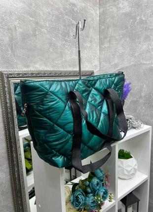 Стеганая женская сумка дута плащевая зеленая, шоппер3 фото