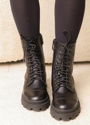 Ботинки женские зимние кожаные с мехом на шнуровке черные 36 37 38 39 40 416 фото