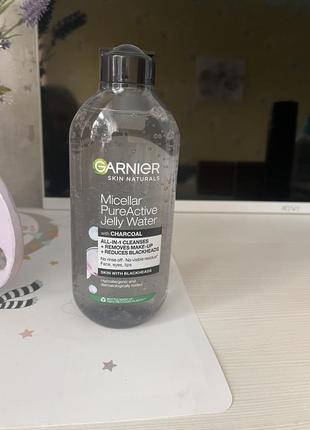 Очищающий гель-вода для лица garnier skin naturals micellar pure active jelly water с углем, 400 мл