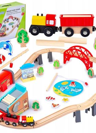 Дерев'яна залізниця з поїздом і вагонами, тартак, міст, тунель-kinderplay green series