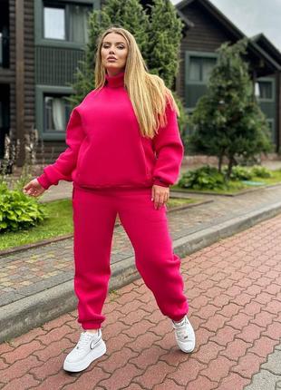 Качественный теплый женский спортивный костюм на флисе малиновый утепленный свитшот в брюки трехнить хлопок1 фото