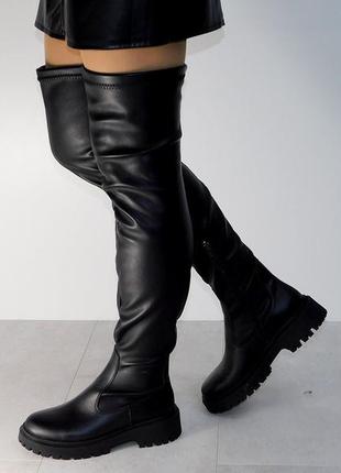 Чоботи ботфорти панчохи жіночі шкіряні зимові з блискавкою чорні 38р2 фото