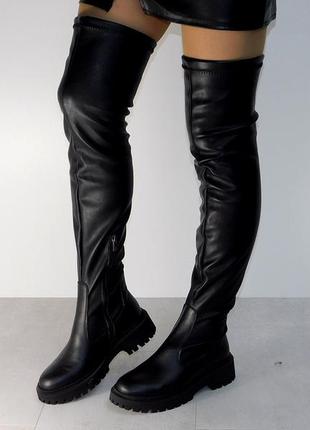 Сапоги ботфорты чулки женские кожаные зимние с молнией чёрные 38р6 фото