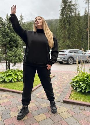 Качественный теплый женский спортивный костюм на флисе черный утепленный свитшот в брюки трехнить хлопок2 фото