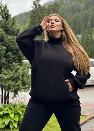 Качественный теплый женский спортивный костюм на флисе черный утепленный свитшот в брюки трехнить хлопок1 фото