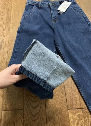 Утепленные джинсы на байке мом синие турция3 фото