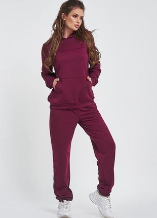 Бордовый трикотажный спортивный костюм с капюшоном