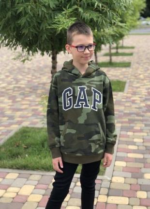 Худи gap  кофта спортивная с капюшоном стильная модная расцветка милитари logo camouflage l (10 лет) 140 см зеленое1 фото