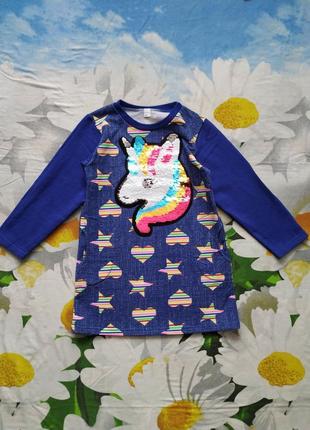 Теплое платье на байке с единорогом-пайетки-перевертыши для девочки 3-5 лет