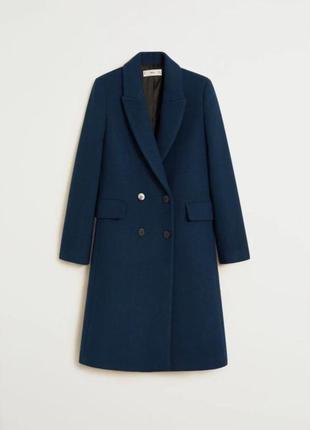 Шерстяное пальто mango синее женское стильное