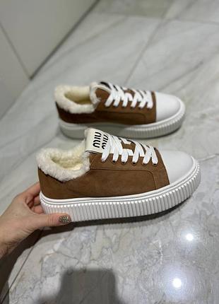 Зимові кеди miu miu натуральні теплі сапожки кеды міу міу хутро кросівки утеплені уггі