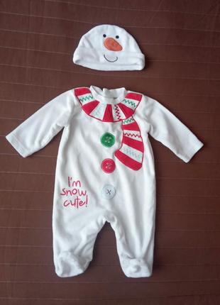 Новогодний костюм снеговик 50/56 см человечек george шапочка новый год рождество на мальчика  0-1-2-3 мес м слип снеговичок комплект фотосессия
