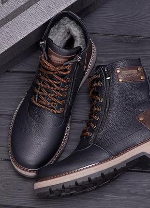 Мужские зимние кожаные ботинки zg black flotar military style8 фото