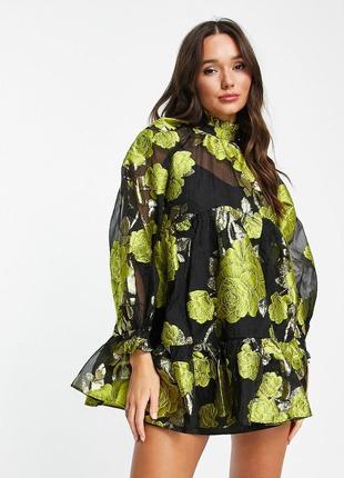 Жаккардовое платье мини с цветочным принтом asos design pephem с завязками на шее asos1 фото