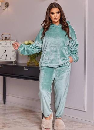 Красивая махровая женская пижама двойка стильный домашний комплект в пижамном стиле для женщины цвет ментол