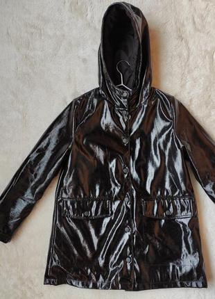 Черная детская деми куртка блестящая утепленное кожаное пальто дождевик кожаная курточка для девочки3 фото