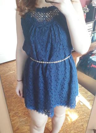 Синие кружевное платье3 фото