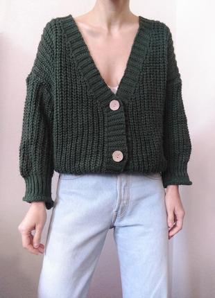 Зелений кардиган в'язаний светр зелений джемпер пуловер реглан лонгслів кофта з гудзиками светр