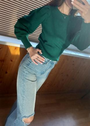 Шикарная кофта изумрудного цвета с объёмными рукавами свииер джемпер блуза блузка