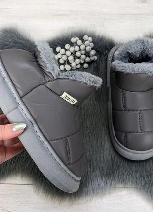 Тапочки панчіш жіночі високі екошкіра сірі на хутрі 4293