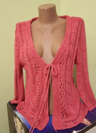 Кардиган женский кораллового цвета вязанный на завязке