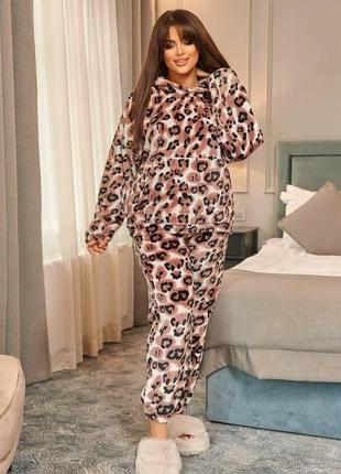Теплая мягкая двухсторонняя плюшевая женская пижама стриженый кролик стильный домашний костюм принт ягуар