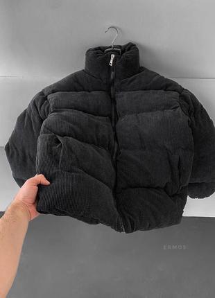 Мужская теплая короткая зимняя вельветовая черная куртка с высоким воротником