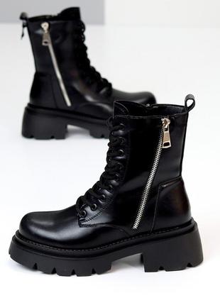 Зимові шкіряні черевики натуральна шкіра берці з хутром колір чорний зимні ботінки зимние кожаные ботинки с мехом цвет черный7 фото