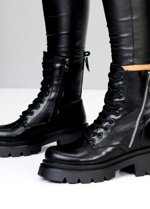 Зимові шкіряні черевики натуральна шкіра берці з хутром колір чорний зимні ботінки зимние кожаные ботинки с мехом цвет черный2 фото