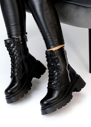 Зимові шкіряні черевики натуральна шкіра берці з хутром колір чорний зимні ботінки зимние кожаные ботинки с мехом цвет черный5 фото
