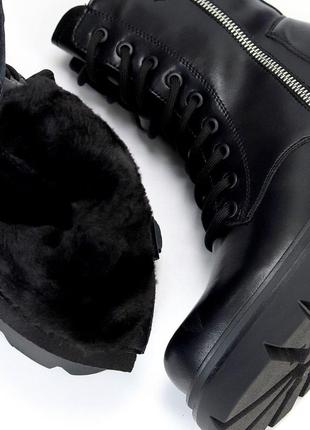 Зимові шкіряні черевики натуральна шкіра берці з хутром колір чорний зимні ботінки зимние кожаные ботинки с мехом цвет черный6 фото