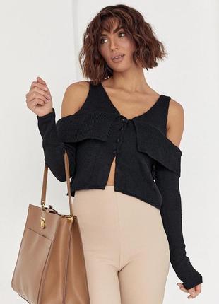 В'язаний пуловер на ґудзиках з відкритими плечима - чорний колір, s (є розміри)