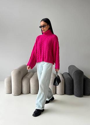 Малиновый оверсайз свитер вязкая косичка люкс качество xs s m l6 фото