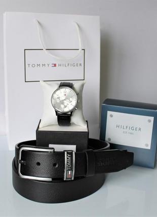Чоловічий подарунковий набір tommy hilfiger годинник і ремінь black