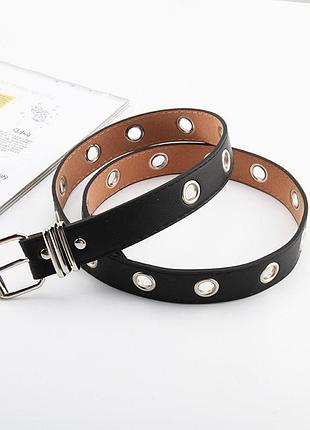 Чорний ремінь з отворами 9941 срібні люверси пояс в стилі панк 100см стильний