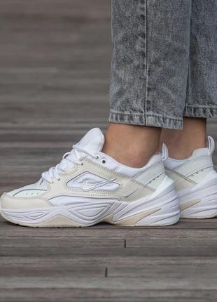 Женские кожаные кроссовки nike m2k tekno (monarch) white beige / кроссовки жемчужное кожаное найк текко бежевое с бежлым