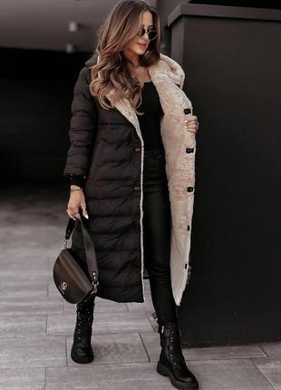 Женская зимняя куртка-пальто на меху с капюшоном размеры 42-52