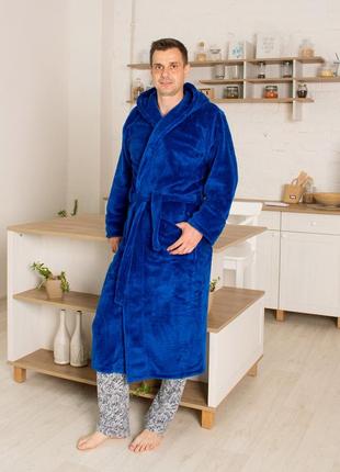 Чоловічий махровий халат кольору електрик на запах з капюшоном, розмір s(46) - 6xl(62-64)