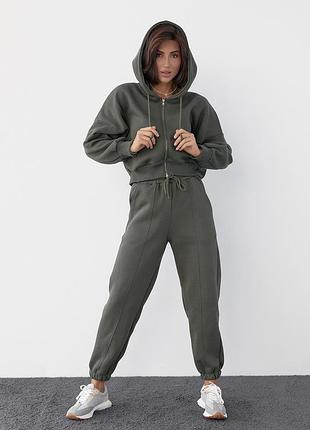 Костюм спортивний утеплений з худі на блискавці - хакі колір, l (є розміри)