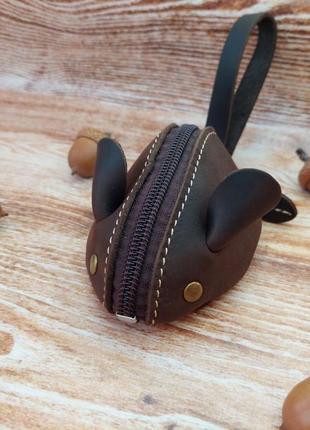 Кожаная сумочка-ключница "мышка" тёмно-коричневая