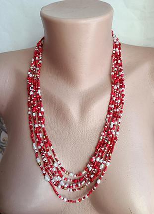 Кольє українське, біло-червоні буси, буси з бісеру