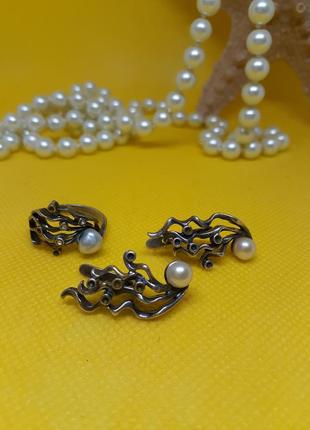 Jenavi комплект сережки і кільце набір сет з натуральними перлами мельхіор срібло4 фото