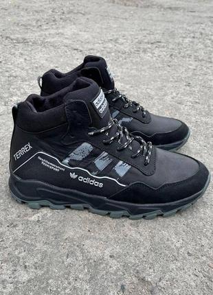 Мужские зимние кроссовки adidas terrex высокие термо кожанные утпленные шерстью черные1 фото